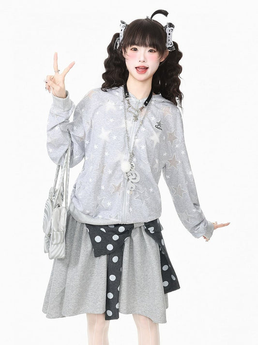 Gray Hooded Star Embroidery Summer Jacket - Languid Park
