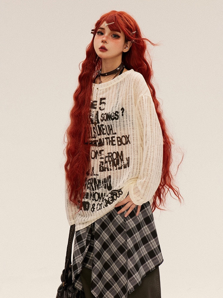 Semi-sheer Coverup Round Neck Vintage Letter Print Black/Apricot