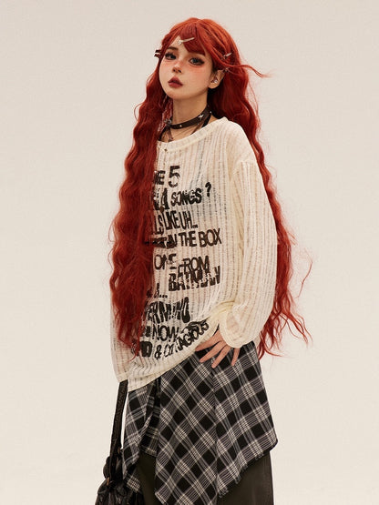 Semi-sheer Coverup Round Neck Vintage Letter Print Black/Apricot