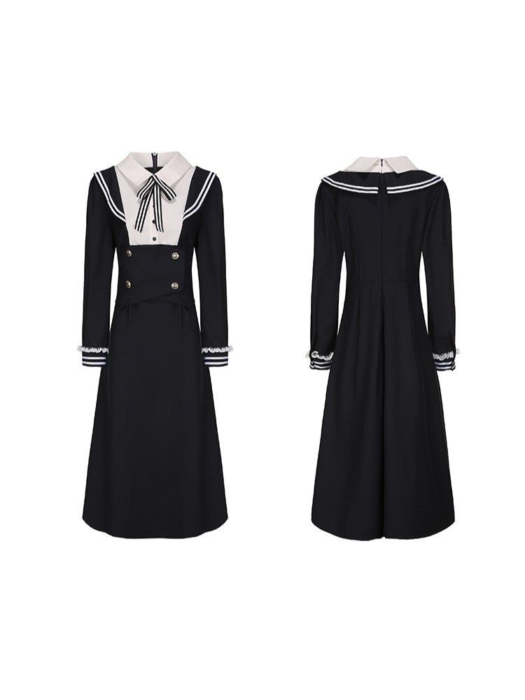 Midi JK Dress Size Striped Uniform Accents Preppy Black with Faux Plus Collar Two-Piece Sailor