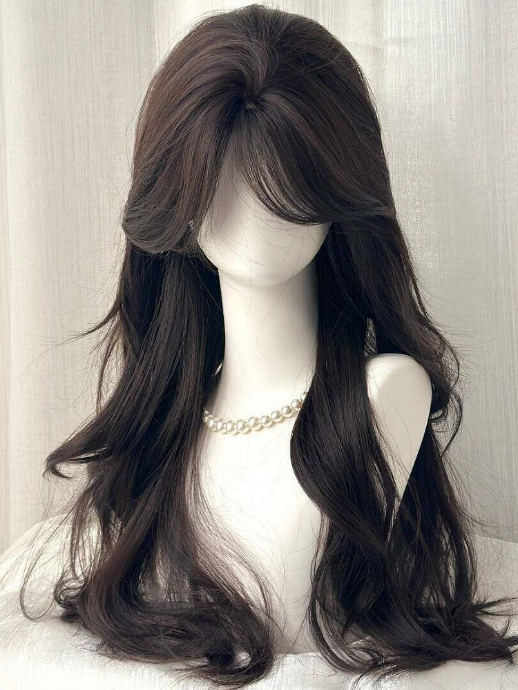 60cm Long Wavy Curly Wig in Black Tea with Curtain Bangs - Hui Ran
