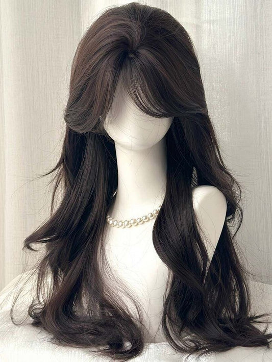 60cm Long Wavy Curly Wig in Black Tea with Curtain Bangs - Hui Ran