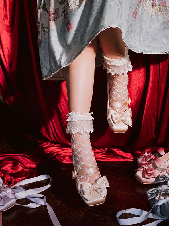 Zehen-Knöchel Square Top Janes Bow Mary Lolitacore Satin zum Schnüren Beige