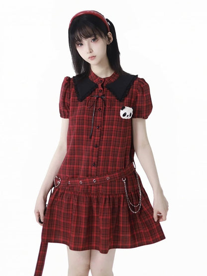 Buckle Plushie and Belt with Panda Red  Black Puff Sleeves Plaid Dress