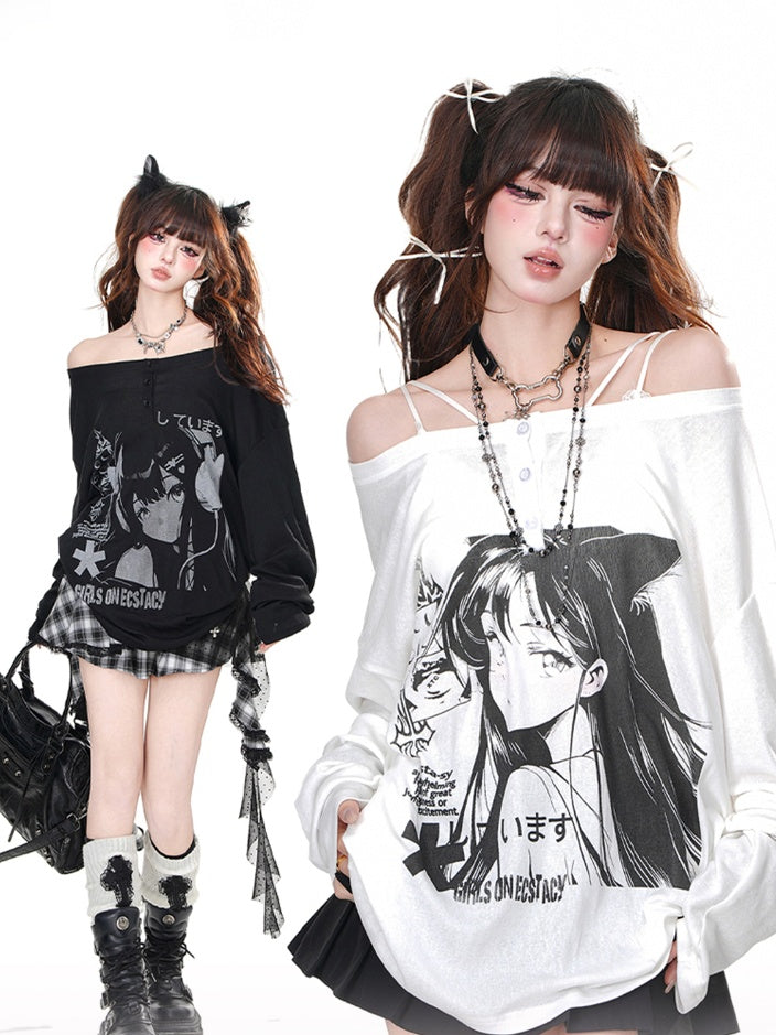 Black/White Off-the-shoulder Neckline Cartoon Print Top