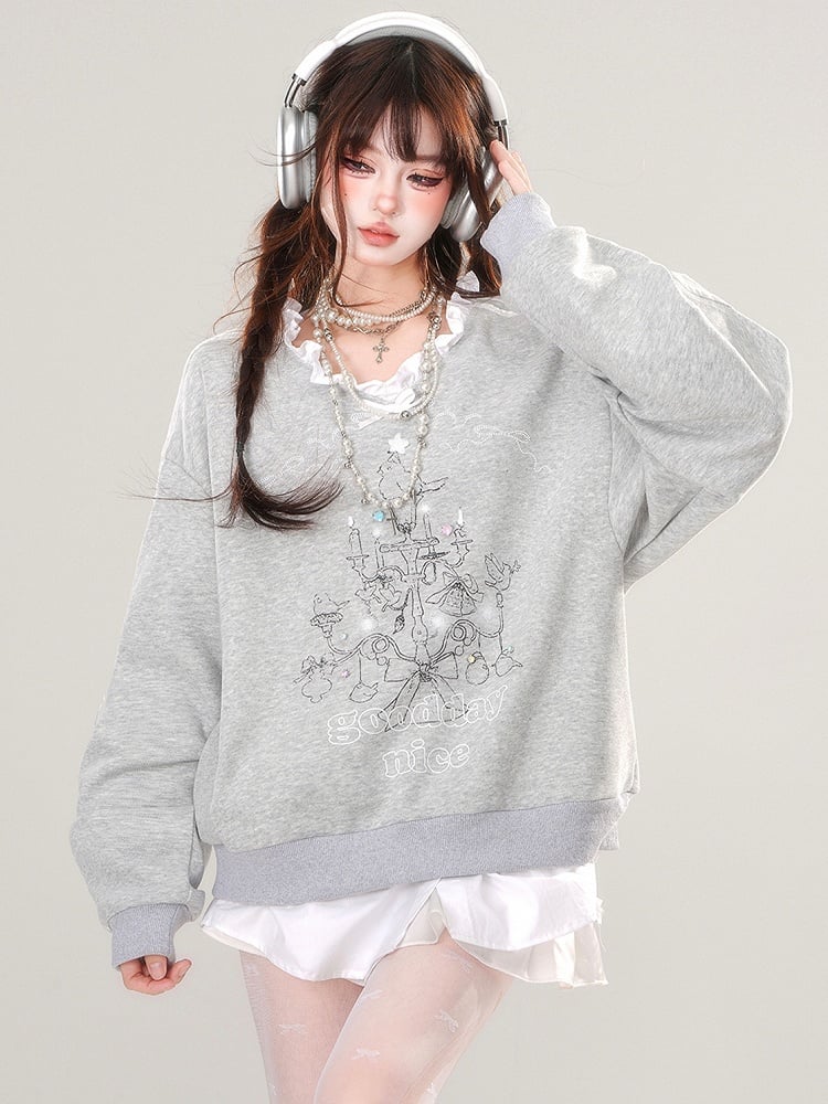 Grey/Blue Lampstand Print Ruffle Trim V-neck Sweatshirt