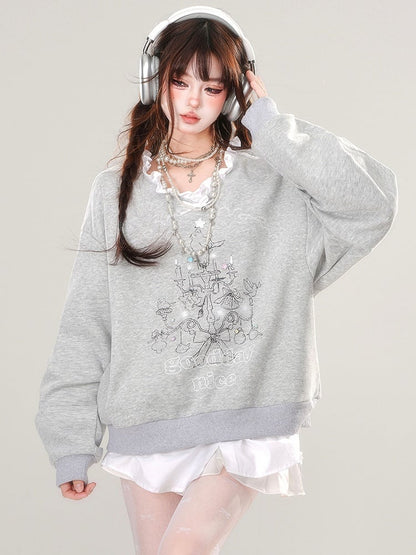 Grey/Blue Lampstand Print Ruffle Trim V-neck Sweatshirt