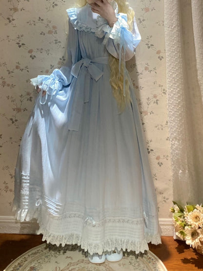 Lace Trim Long Sleeve OP Dress with Ruffles, Blue Lolita Style - Hua Xia Miao