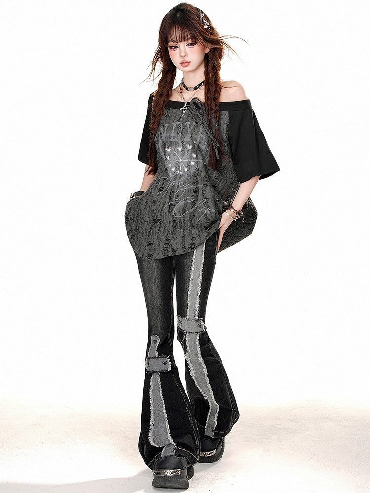 Distressed Black High Waist Flare Jeans with Raw Hem - Kelly Kitty