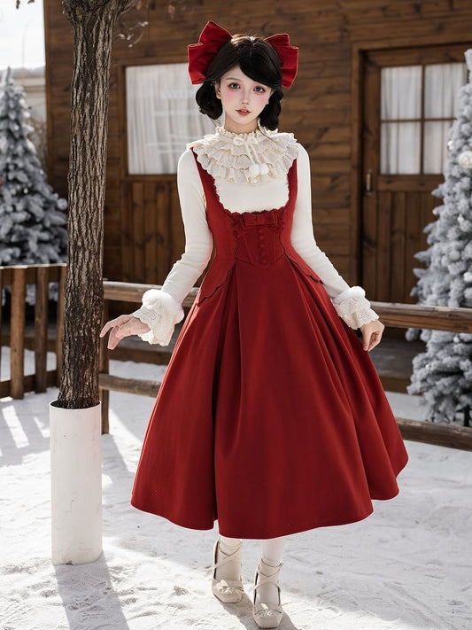 + JSK Bow New Version Red Year Long Beige Top Hairclip Bust Lolita Under Knit