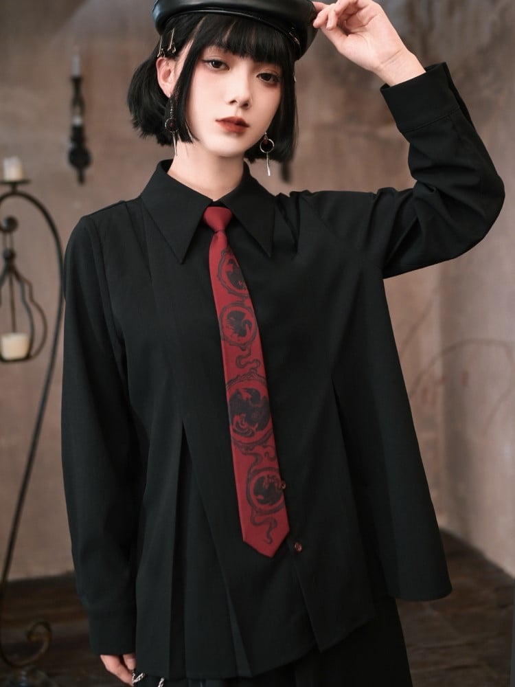 Shirt Long-Sleeve Gothic Contrast Placket Tie Pre-Tied Button Red with Black Cheongsam