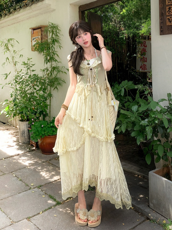 アプリコット ゴムウエスト アシンメトリー レーススカート