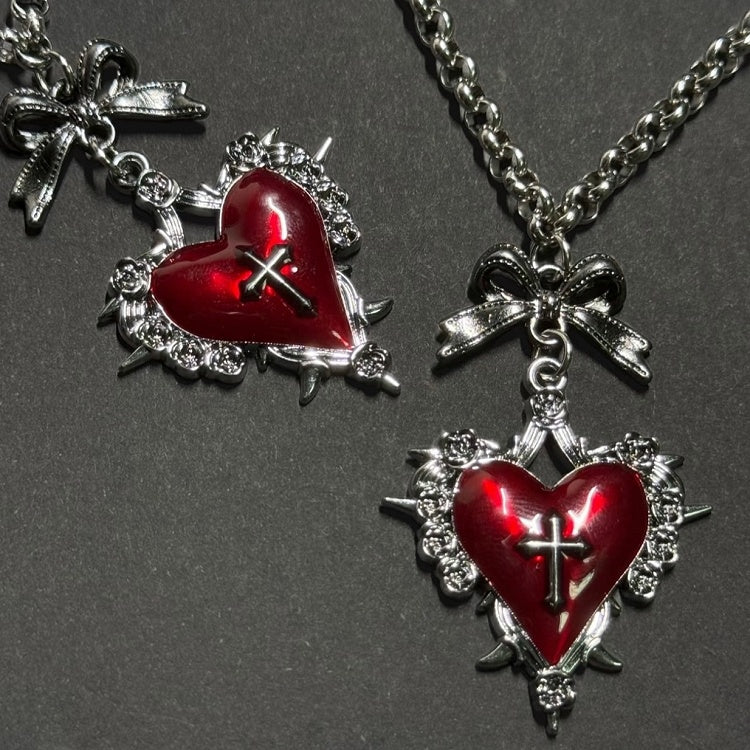 Schleife Halskette Y2K Rotes Kreuz Burgund Herz Schlüsselanhänger/Rot