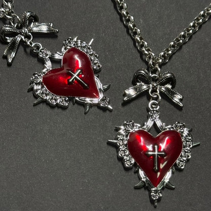 Schleife Halskette Y2K Rotes Kreuz Burgund Herz Schlüsselanhänger/Rot