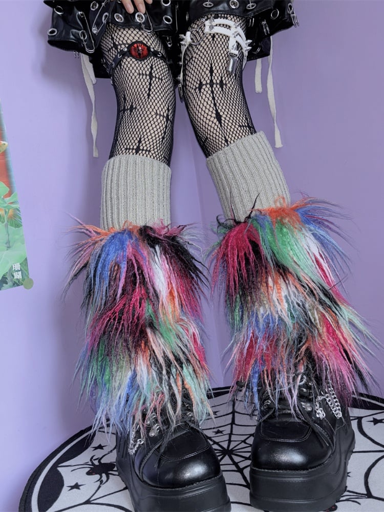 Bunte zottelige Beinwärmer aus Kunstpelz