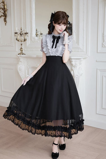 Gray Ruffled Blouse & Black Long Skirt Fake Two Pieces Lolita Dress - With PUJI