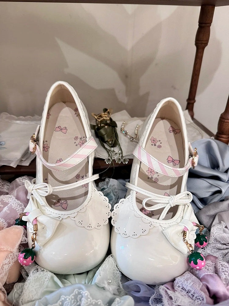 with Jane Shoes Strawberry Bow Sweet Mary Heel 2.5cm Themed White Details Lolita