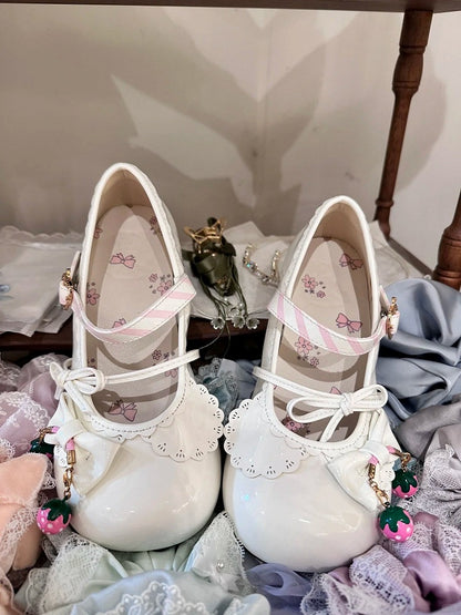 with Jane Shoes Strawberry Bow Sweet Mary Heel 2.5cm Themed White Details Lolita