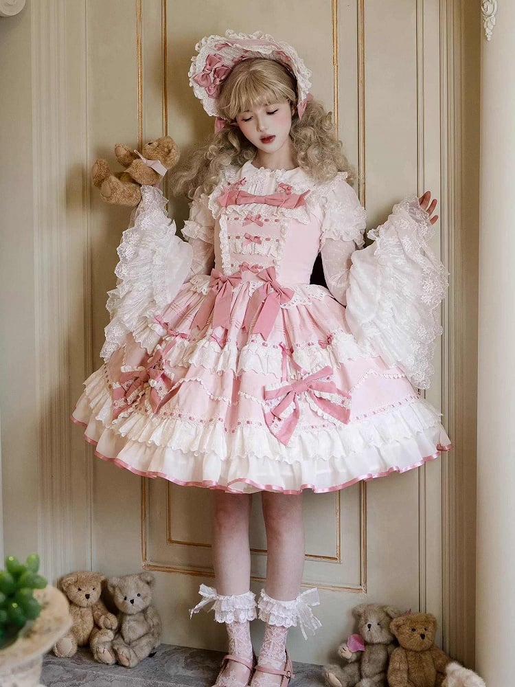 Rosa Ärmel Bluse Glocke Lange Schleifen Verziert Layered Weiß