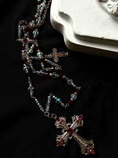 Rot/Weiße Gothic Lolita Perlenkette mit Kreuzanhänger