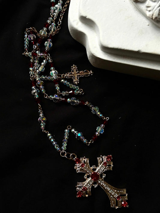 Rot/Weiße Gothic Lolita Perlenkette mit Kreuzanhänger
