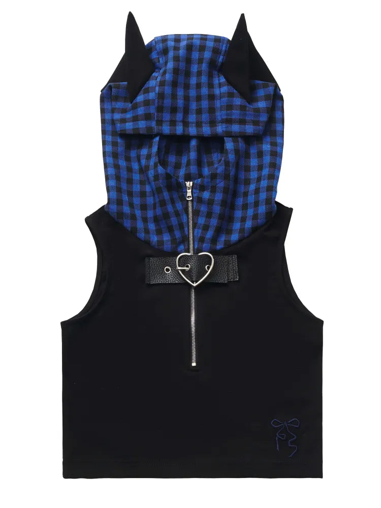 Muster Kapuze Blau Ohren Top Dunkel Schwarz Plaid Ärmellos