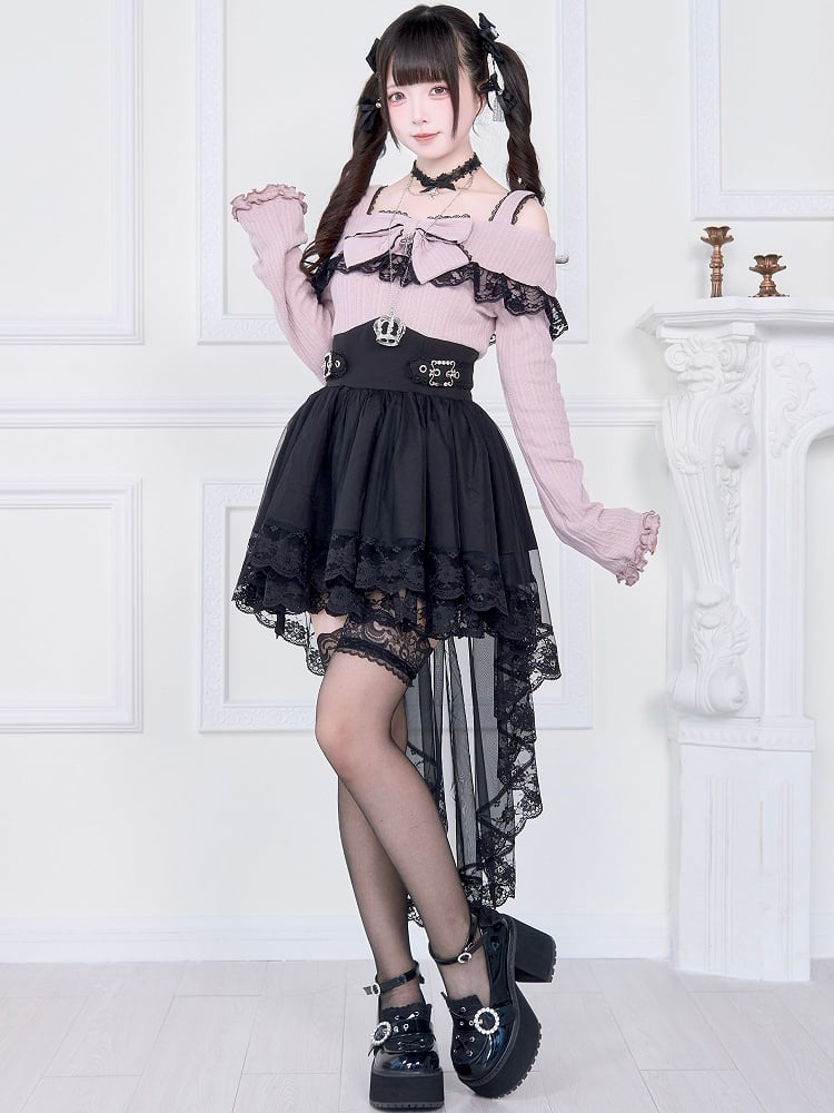 Kei Off-Shoulder Jirai Black High-Low Pink Dress: Skirt Two-Piece Faux Hem