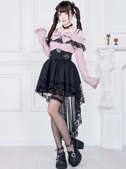 Kei Off-Shoulder Jirai Black High-Low Pink Dress: Skirt Two-Piece Faux Hem