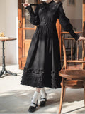 Floral Collar Vintage Cuffs Dress Lace-up Sleeves Leg-of-Mutton with Black Embroidery