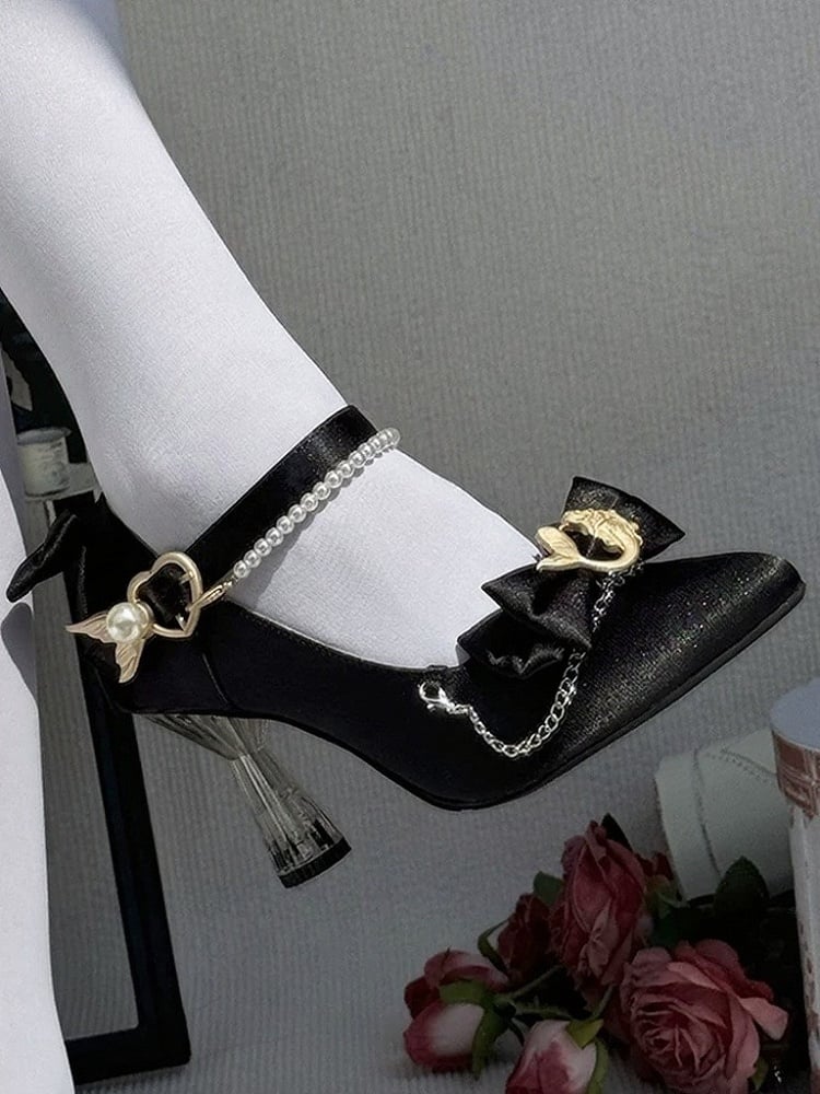 Elegant Black Pointed Toe Heels with Pearl Chain & Mermaid - Meng Ka Jiang