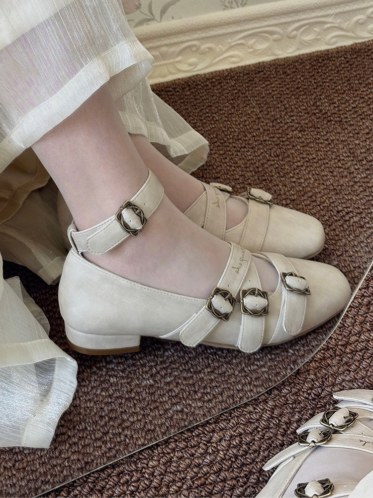 Shoes - Toe Crisscross Elegant Classic Design Square PU Beige Lolita