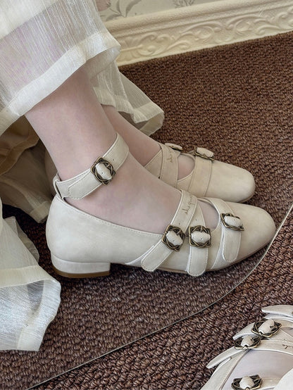 Shoes - Toe Crisscross Elegant Classic Design Square PU Beige Lolita