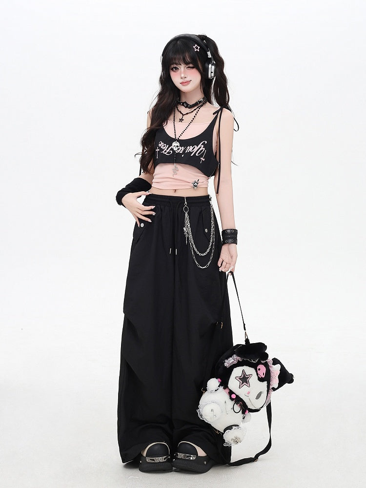 Black Punk Pants Accessory Waist Asymmetrical with Drawstring Waist Wasteland