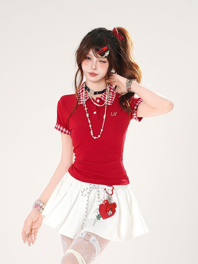 Preppy Style Red/Navy Polo Collar Slim-fitting T-shirt Blue