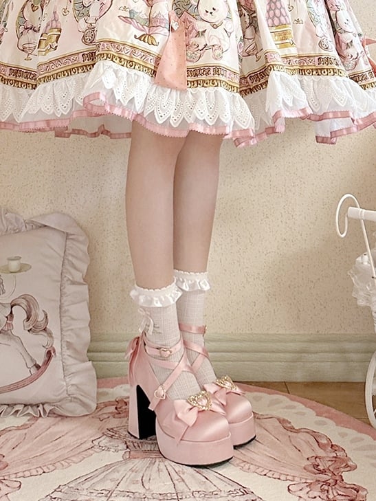 Decorative Pink Heart High Shoes Bow Sweet - Block Heel