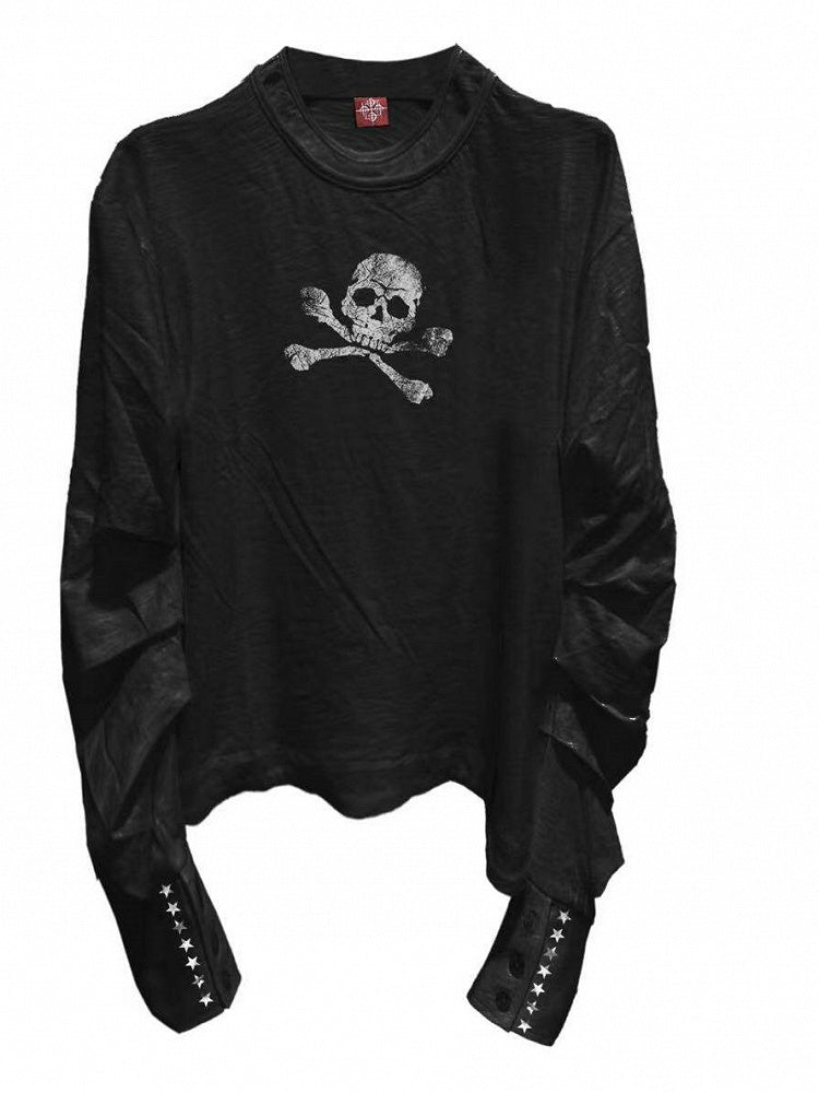 Black Double Neckline Skull Star Print Long Sleeve Punk Top - DETW OnLine