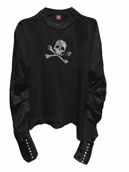 Black Double Neckline Skull Star Print Long Sleeve Punk Top - DETW OnLine