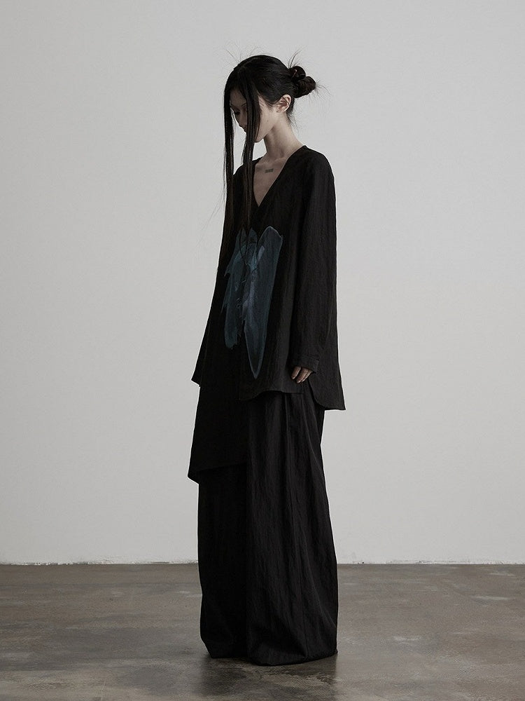 Asymmetric V-Neck Long Sleeve Top with Figure Print - INDULGE