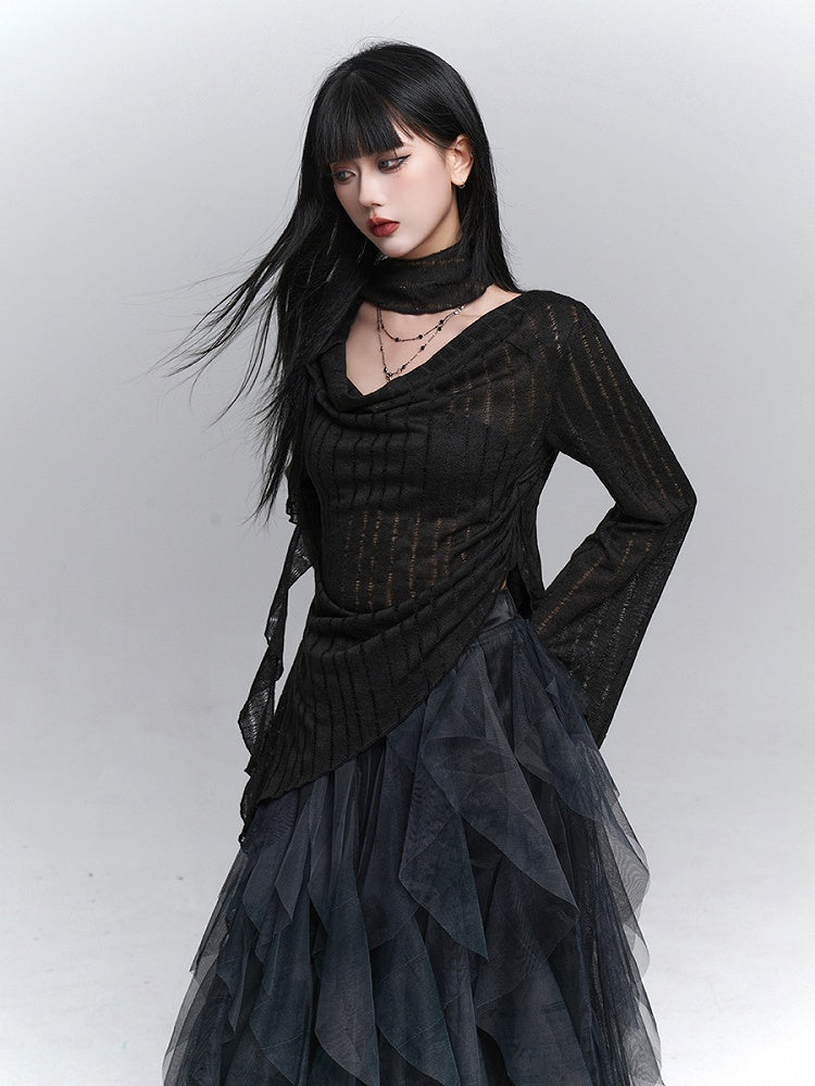 Slit with Top Knit Asymmetrical Neck Black Gothic Side Cowl