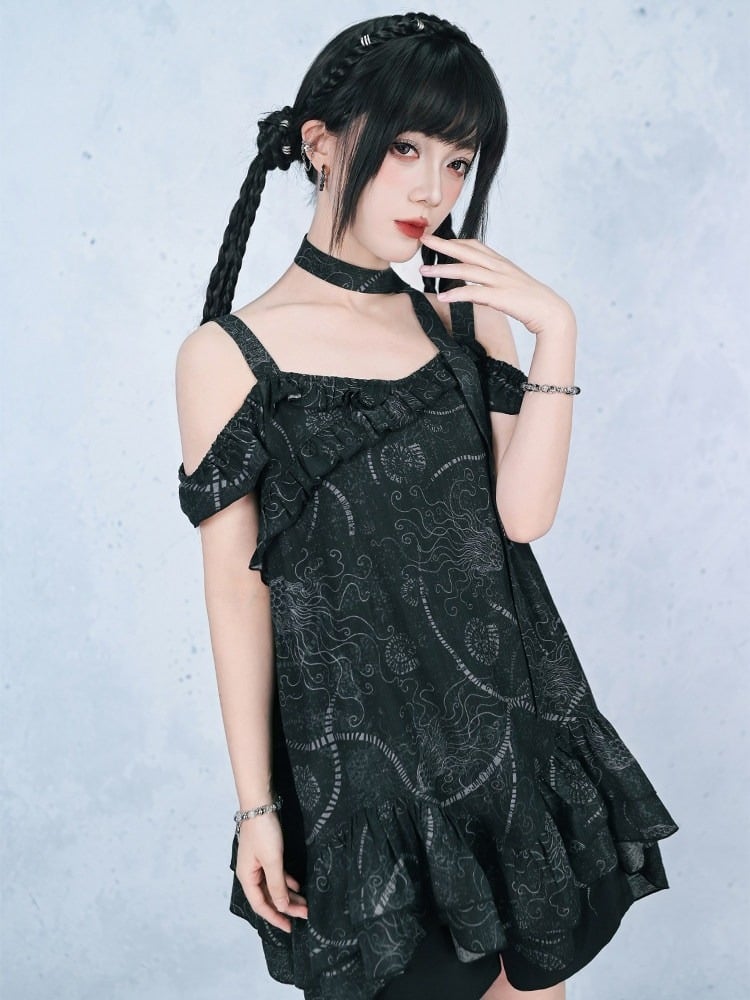 Gothic Black Off-Shoulder Cami Sea Lily Ruffle - Quirky Hut