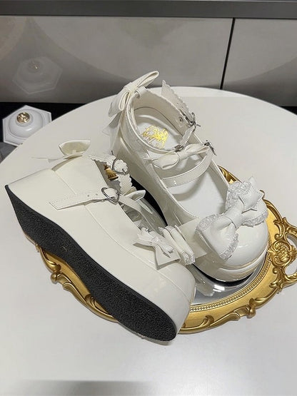Accents with Shoes White Sweet Style PU Lolita Leather Bow Platform Round-Toe