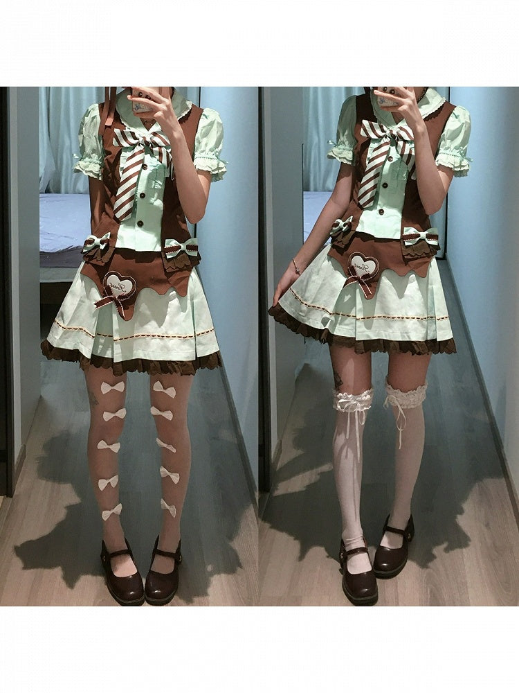 Cocoa Mint Balloon-Sleeve Two-Piece Top Set with Ruffled Skirt - Sweet Dream