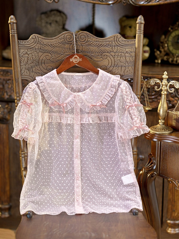 Pink Peter Pan Collar Polka Dot Sheer Tulle Blouse - Dream Magic Box