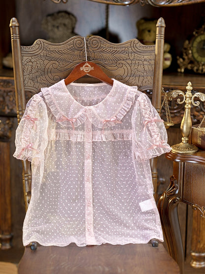 Pink Peter Pan Collar Polka Dot Sheer Tulle Blouse - Dream Magic Box