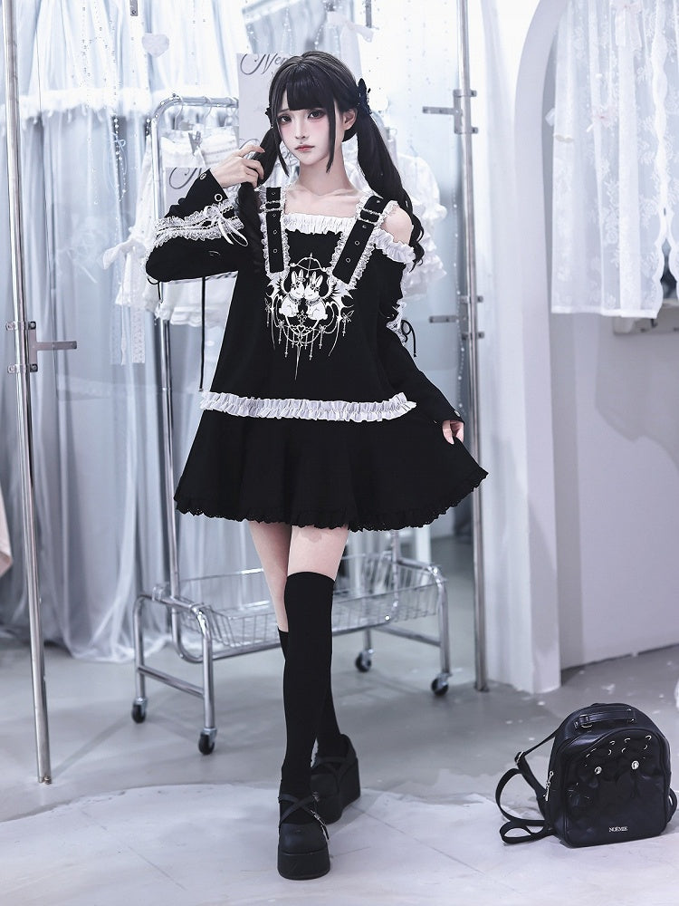 Bunny Print Black Off-Shoulder Long-Sleeve Jirai Kei T-Shirt Dress with Ruffles - Ekomi