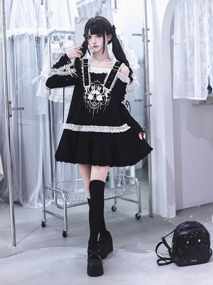 Bunny Print Black Off-Shoulder Long-Sleeve Jirai Kei T-Shirt Dress with Ruffles - Ekomi