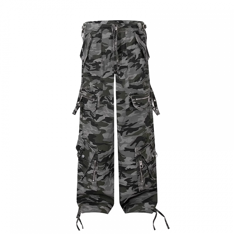 Cargohose mit weitem Bein, niedrige Taille in Camouflage, Vintage