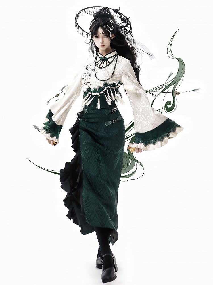 Slythern Green Flounce Sleeves Cheongsam Style Goth Snake Scale Print Qipao Dress Short and Long