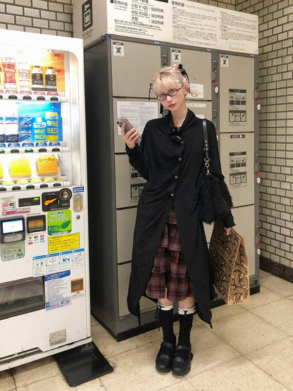 Front Placket Shawl Black Top with Scarf Asymmetrical Button Textured