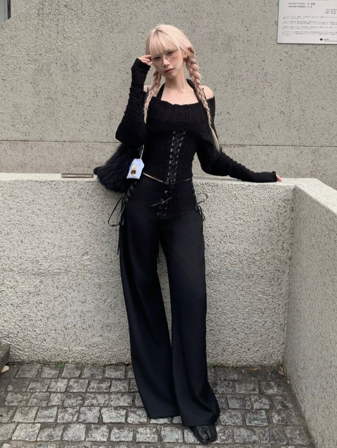 Black Pants Detailing Suit Wide-Leg with Lace-Up